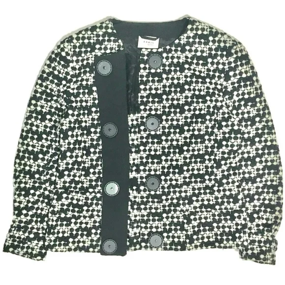 AKRIS PUNTO Blazer Jacket Tweed Dot Embroidered Wool Belted Waist Black White 8 - Picture 4 of 16